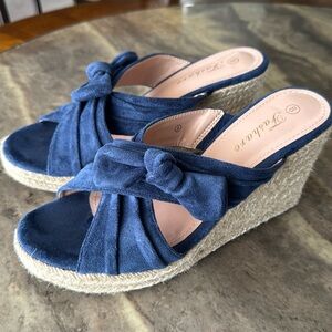 Suede denim blue wedge sandals - size 8